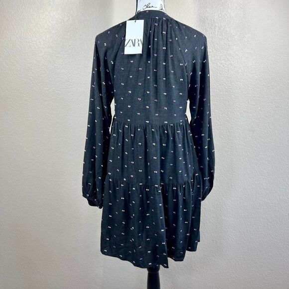 ZARA Womens Charcoal Gray Purple Embroidered Polka Dot Mini Dress S cottagecore - Picture 5 of 16